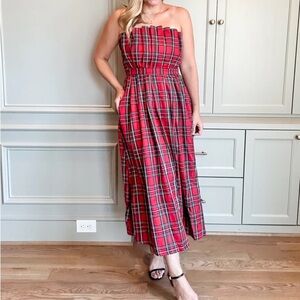 Entro Red and Black Plaid Strapless Dress